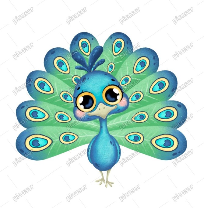 وکتور نقاشی طاووس بامزه کارتونی با چشمهای درشت سبک آبرنگی » پیکاسور