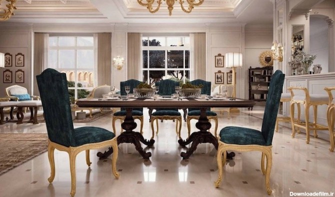 میز ناهار خوری چوبی آشپزخانه سلطنتی کلاسیک طلایی آبی