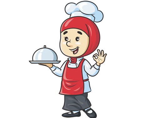 وکتور لایه باز طرح کاراکتر کارتونی دختر محجبه سرآشپز و ظرف غذا در دست