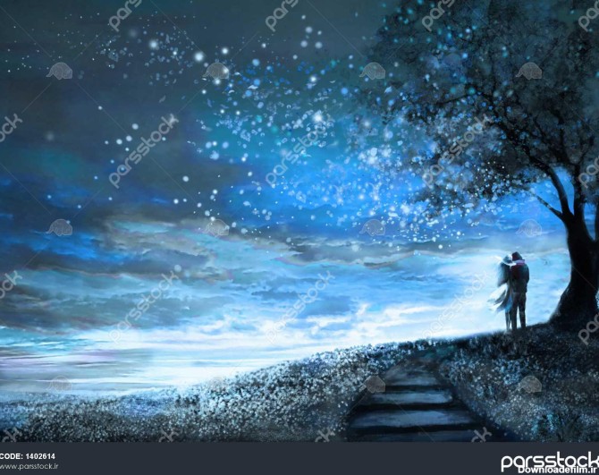تصویر فانتزی با آسمان شب و راه شیری ستارگان زن و مرد زیر یک درخت ...