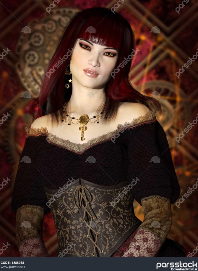 یک عکس فانتزی از یک زن با لباس دزدان دریایی و پس زمینه steampunk ...