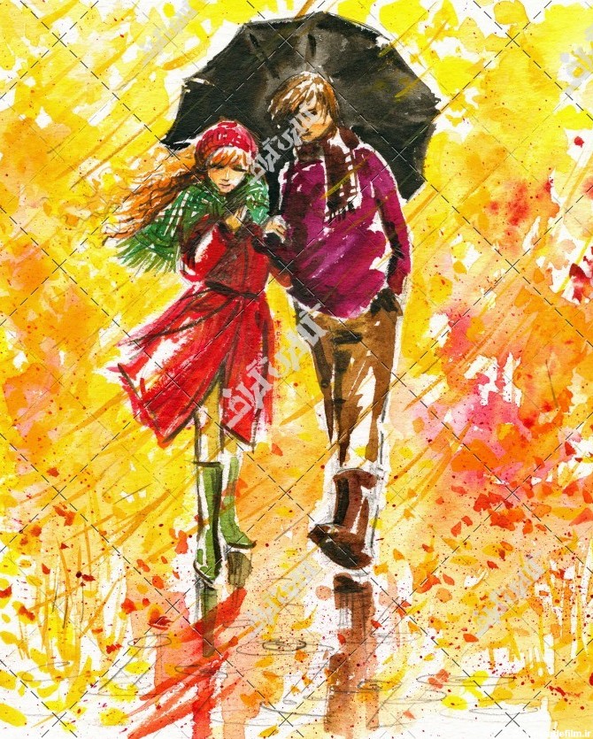 عکس نقاشی عاشقانه دختر و پسر زیر باران