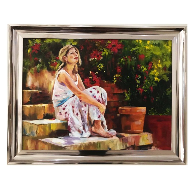 قیمت و خرید تابلو نقاشی رنگ روغن طرح دختر نشسته در کنار گل