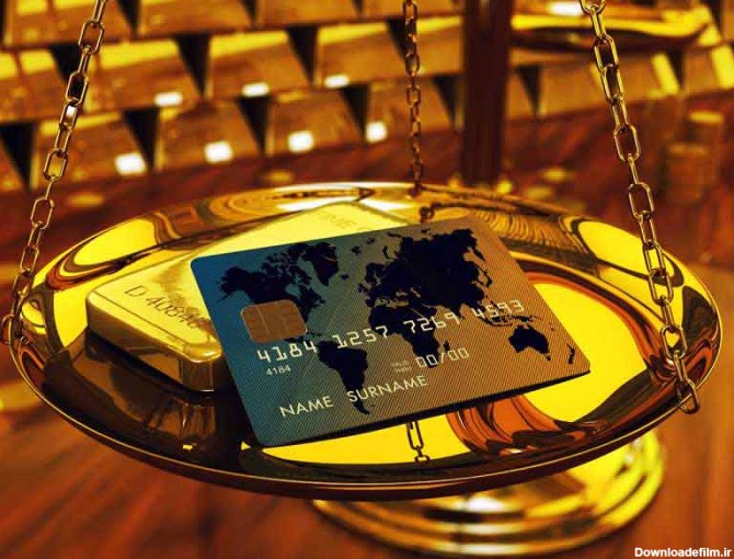 دانلود عکس با کیفیت شمش طلا و کارت بانکی در کفه ی ترازو