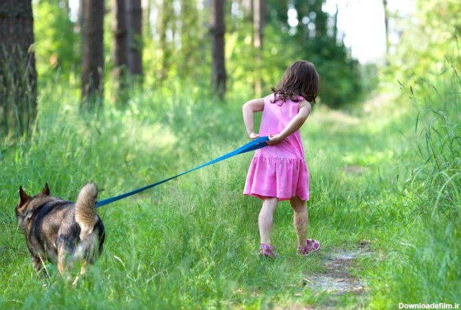 دانلود تصویر با کیفیت دختر بچه در حال کشیدن سگ در فضای باز