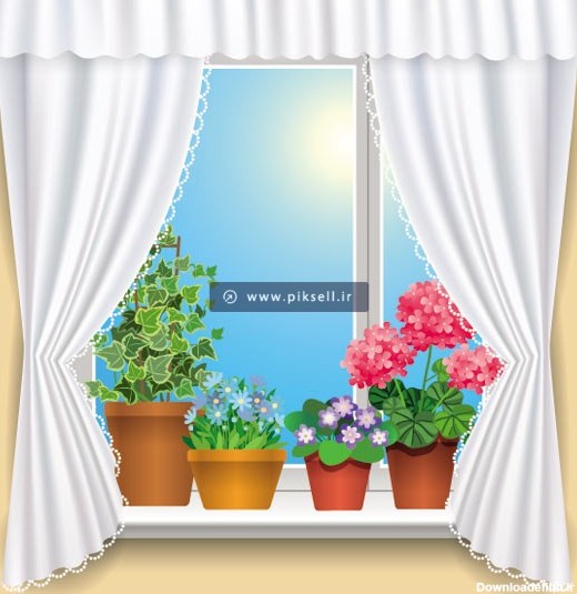 دانلود وکتور با طرح پنجره و گلهای کنار پنجره