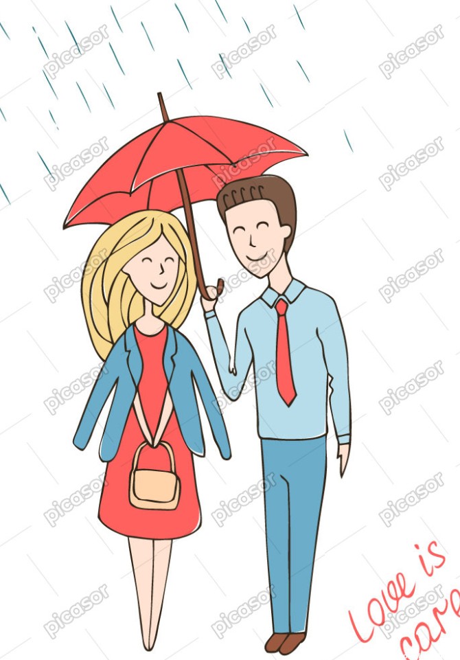 وکتور مرد و زن عاشق زیر چتر در باران طرح نقاشی کودکانه » پیکاسور