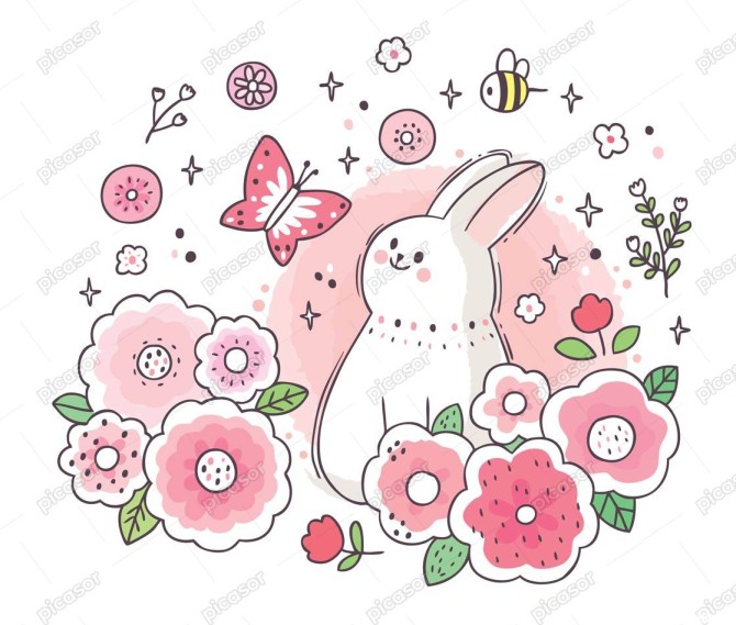 وکتور خرگوش سفید کارتونی در باغ گلها با گل و پروانه و زنبور » پیکاسور