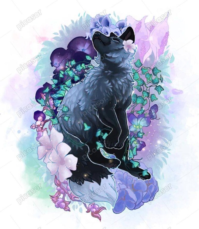 وکتور نقاشی گرگ سیاه در قاب گل آبرنگی طراحی بسیار با کیفیت