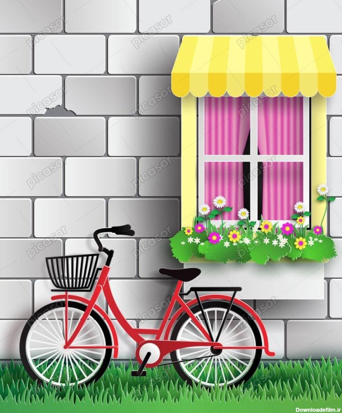 وکتور دوچرخه در حیاط کنار پنجره و دیوار خانه طرح کارتونی » پیکاسور