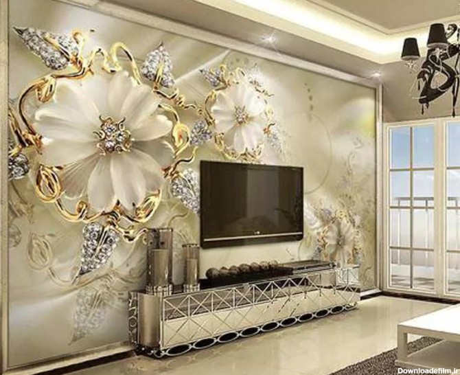 پوستر دیواری سه بعدی گلهای کریستالی طلایی