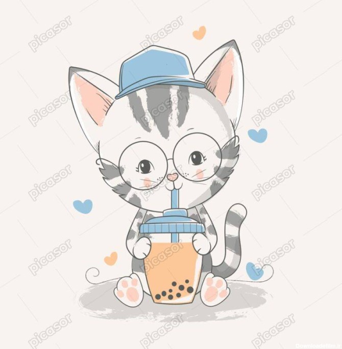 وکتور نقاشی بچه گربه با قمقمه - وکتور تصویرسازی کودکانه از بچه گربه در حال نوشیدن از قمقه