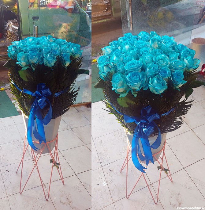باکس گل آبی آسمانی فیروزه ای با رز طبیعی