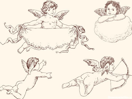 دانلود وکتور لایه باز مجموعه کاراکترهای سیاه قلم و نقاشی شده فرشته های کوچک