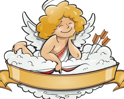 فایل وکتور لایه باز با طرح فرشته کوچولو در ابرها و روبان طلایی