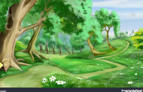 نقاشی دیجیتال تصویری از یک مسیر در نزدیکی جنگل در سبک کارتونی واقع ...