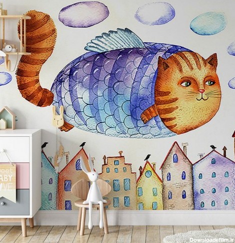 پوستر دیواری کودک گربه ماهی مهربان مدل BKW107-1