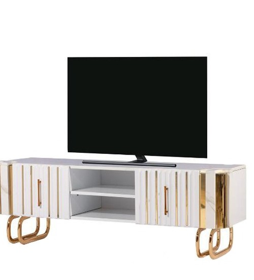 قیمت و خرید میز تلویزیون پایه استیل سفید-طلایی مدل سناتور – فوبـورو