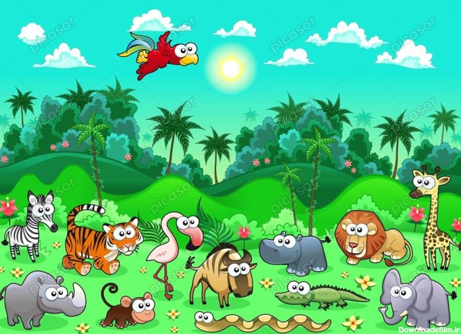 وکتور حیوانات کارتونی در جنگل - وکتور تصویرسازی کارتونی از حیوانات ...