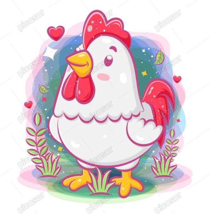 وکتور مرغ کارتونی - وکتور کارتونی مرغ کوچک با پس زمینه سبز و گل