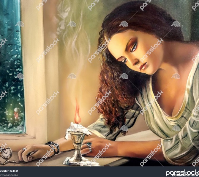 دختری در کنار پنجره و نور شمع تابلو نقاشی هنری 1534944