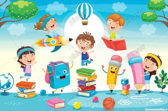 وکتور بچه های شاد در حیاط مدرسه با کتاب و مداد بزرگ - وکتور آموزش کودکان کارتونی