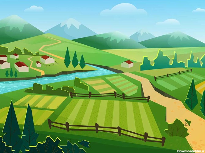 تصویر مناظر روستایی، رودخانه، مزارع و کوه کارتونی با کیفیت بالا ...