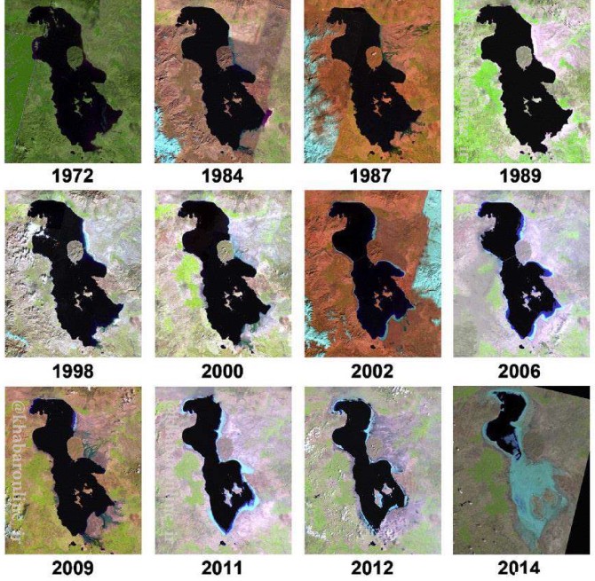 روند نابودی دریاچه ارومیه از ۱۹۷۲ تا ۲۰۱۴ از نگاه محققان دانشگاه کالیفرنیا