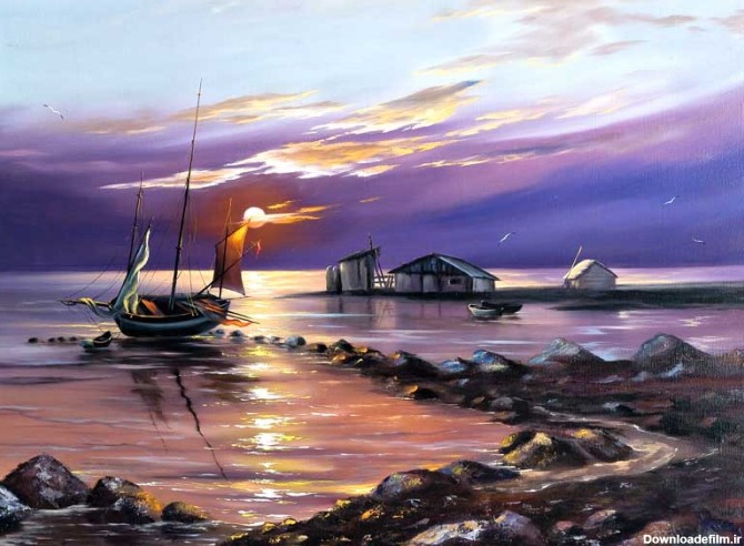 عکس هنری نقاشی ساحل و قایق