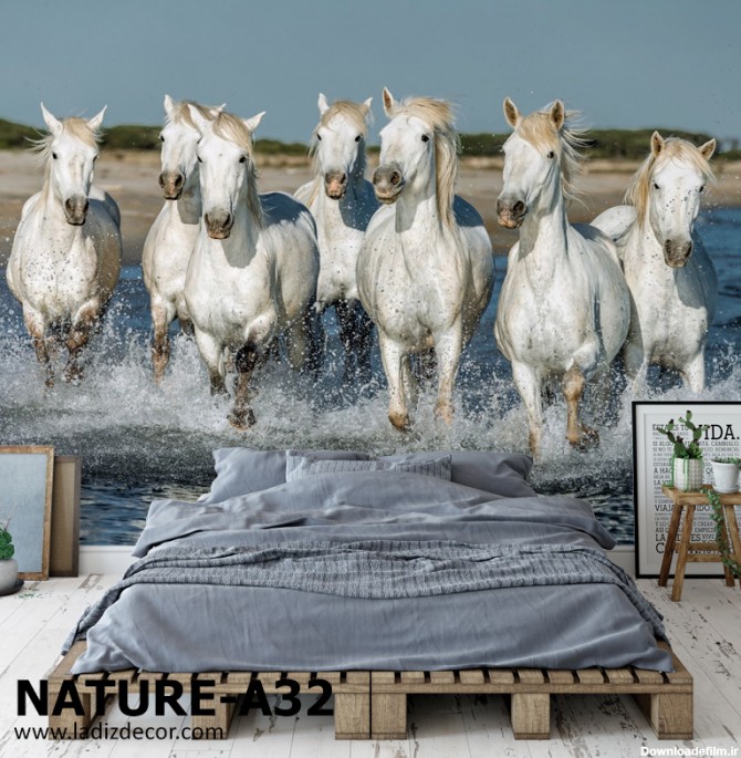 پوستر دیواری تصویر طبیعت با اسب و دریا - کاغذ دیواری سه بعدی لادیز ...