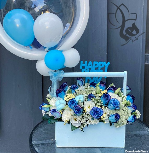 باکس گل رز و بادکنک آبی مدل 1011 | گل فروشی آنلاین هما