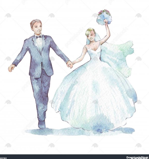 داماد و عروس بر روی تصویر سفید آبرنگ 1402362