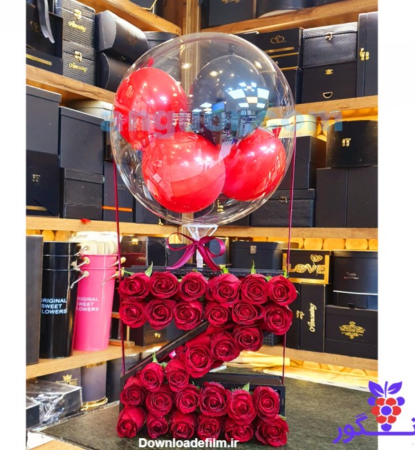 خرید اینترنتی باکس گل حرف Z به همراه بالن عاشقانه با تم زیبای قرمز