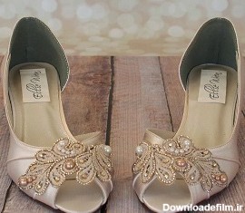 عکس جدیدترین مدل های کفش طلایی پاشنه دار پاپیون دار عروس