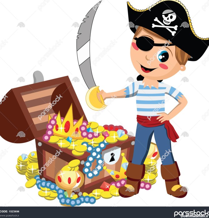 بچه دزد دریایی کارتونی با لکه چشم و شمشیر در مقابل قفسه سینه گنج ...