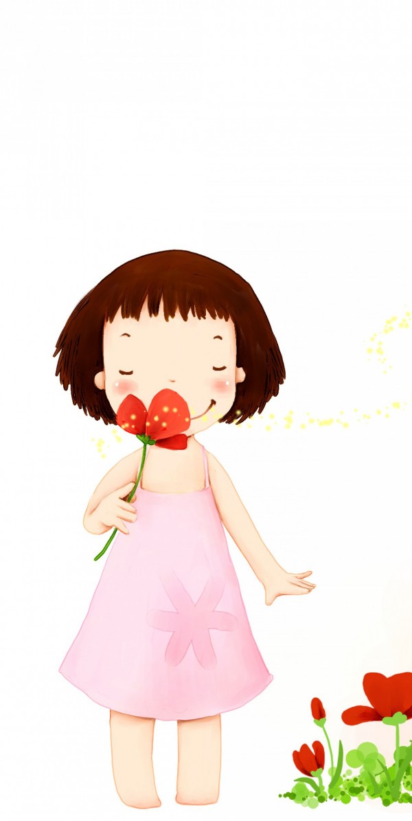 عکس زمینه تصویر کارتونی دختر زیبا با گلی در دست پس زمینه