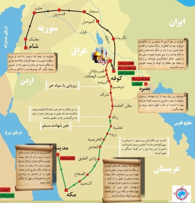 بررسی مسیر حرکت امام حسین (ع) از مدینه تا کربلا +وقایع رخ داده و نقشه