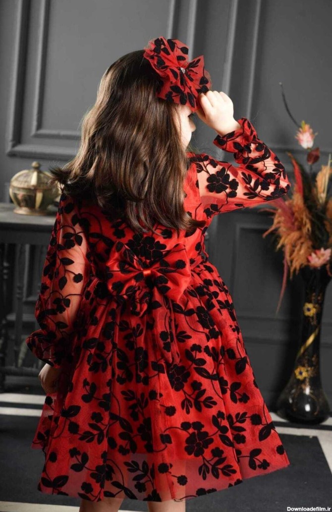 لباس مجلسی بچه گانه دخترانه تور چین دار طرح گل قرمز | ریمد