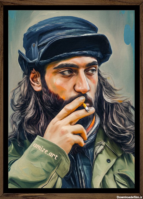نقاشی چهره مرد سیگاری با تکنیک هیبریدی روی بوم
