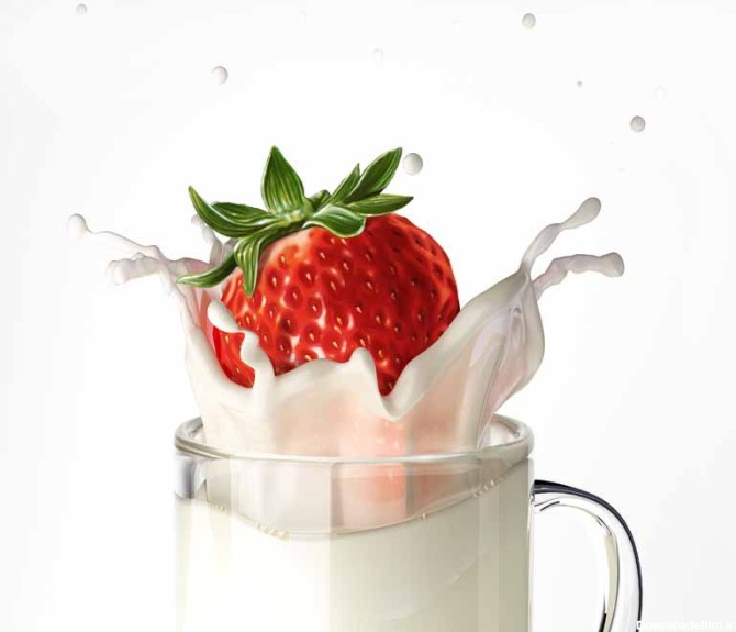 عکس با کیفیت از توت فرنگی و لیوان شیر