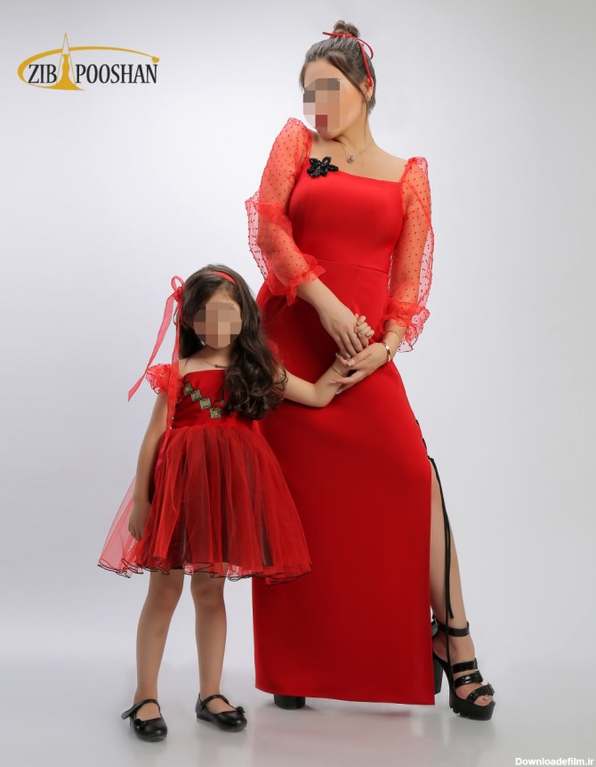 ست مادر و دختر مجلسی بلند مدل شقایق قرمز | زیبا پوشان