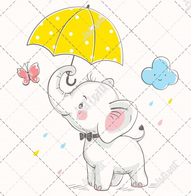 وکتور فیل کارتونی درحال بازی با چتر زیر باران