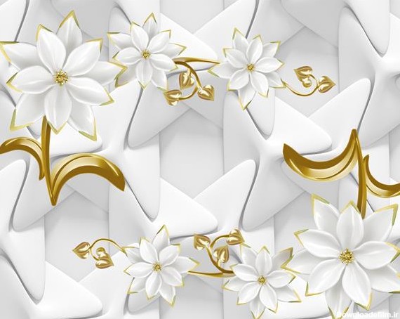 پس زمینه سفید سه بعدی با گل های سفید و طلایی برجسته