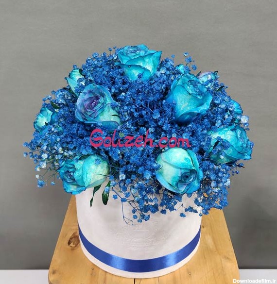 خرید باکس گل آبی رنگ رز و عروس