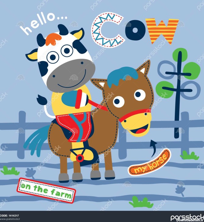 گاو و اسب کارتونی خنده دار حیوانات تصویر بردار 1414217