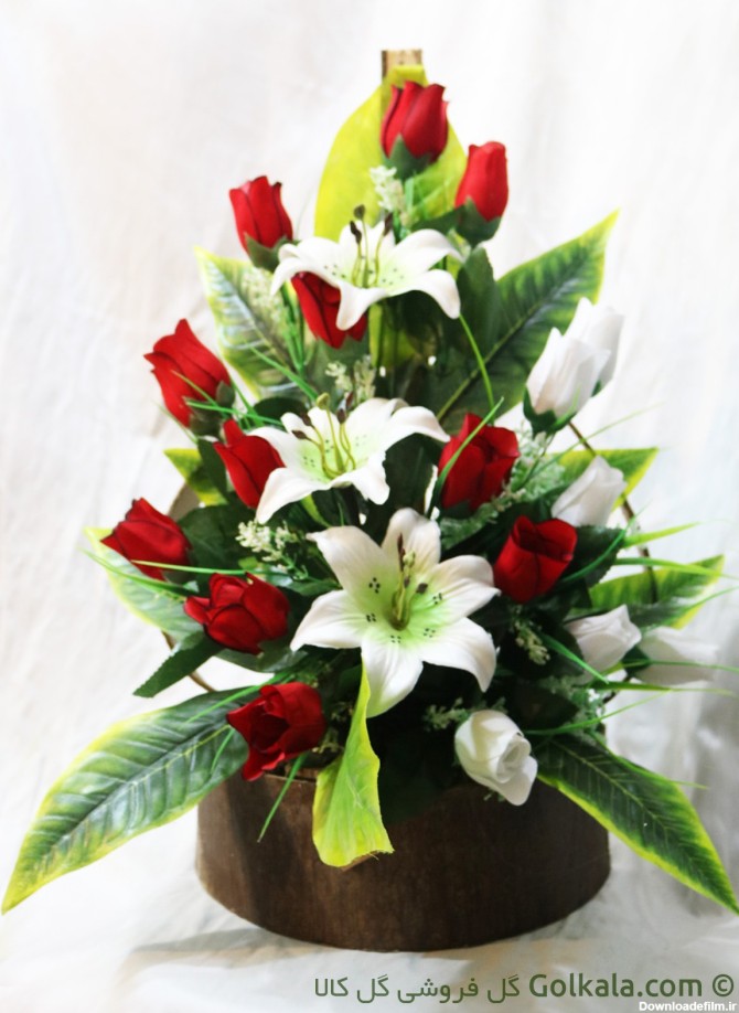 سبد گل رز و لیلیوم سفید با پایه چوبی | گل فروشی گل کالا | 177 هزار ...