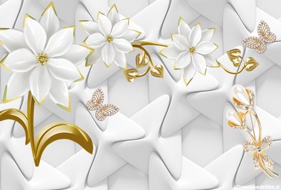 پس زمینه سفید سه بعدی با گل و پروانه های سفید و طلایی برجسته