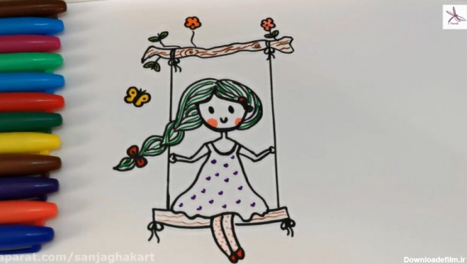 اموزش نقاشی برای کودکان - دختر تاب سوار