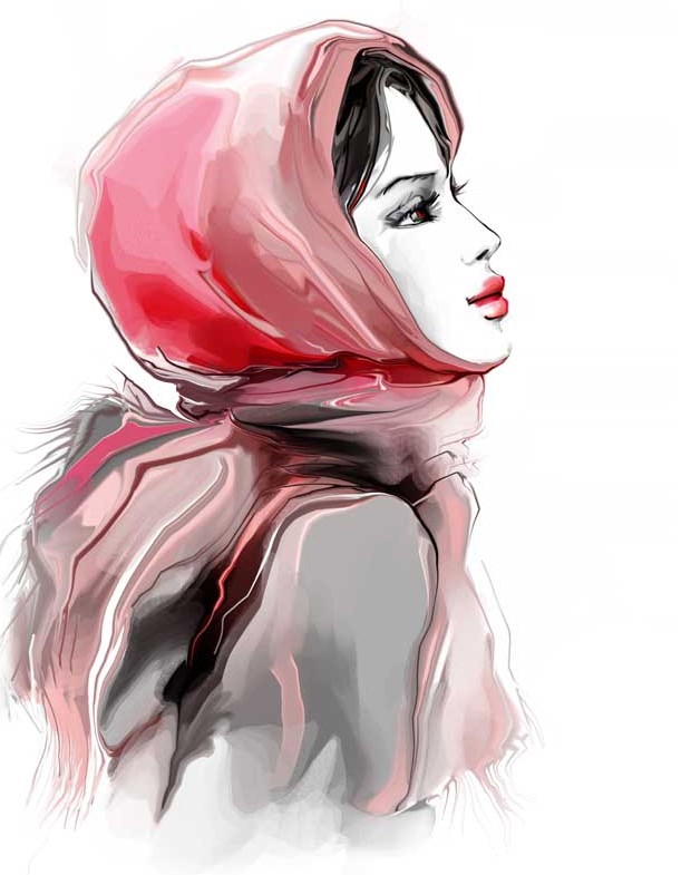 دانلود تصویر نقاشی آبرنگ دختر با شال قرمز | تیک طرح مرجع گرافیک ایران