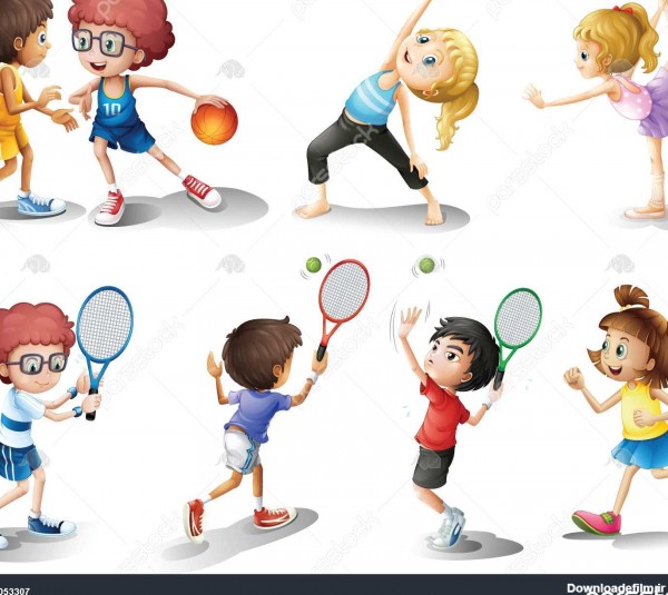 تصویر از بچه ها ورزش و بازی های ورزشی مختلف در یک پس زمینه سفید ...